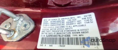 2008 Honda Cr-V Lx из США, поврежденный, VIN 5J6RE48378L014366